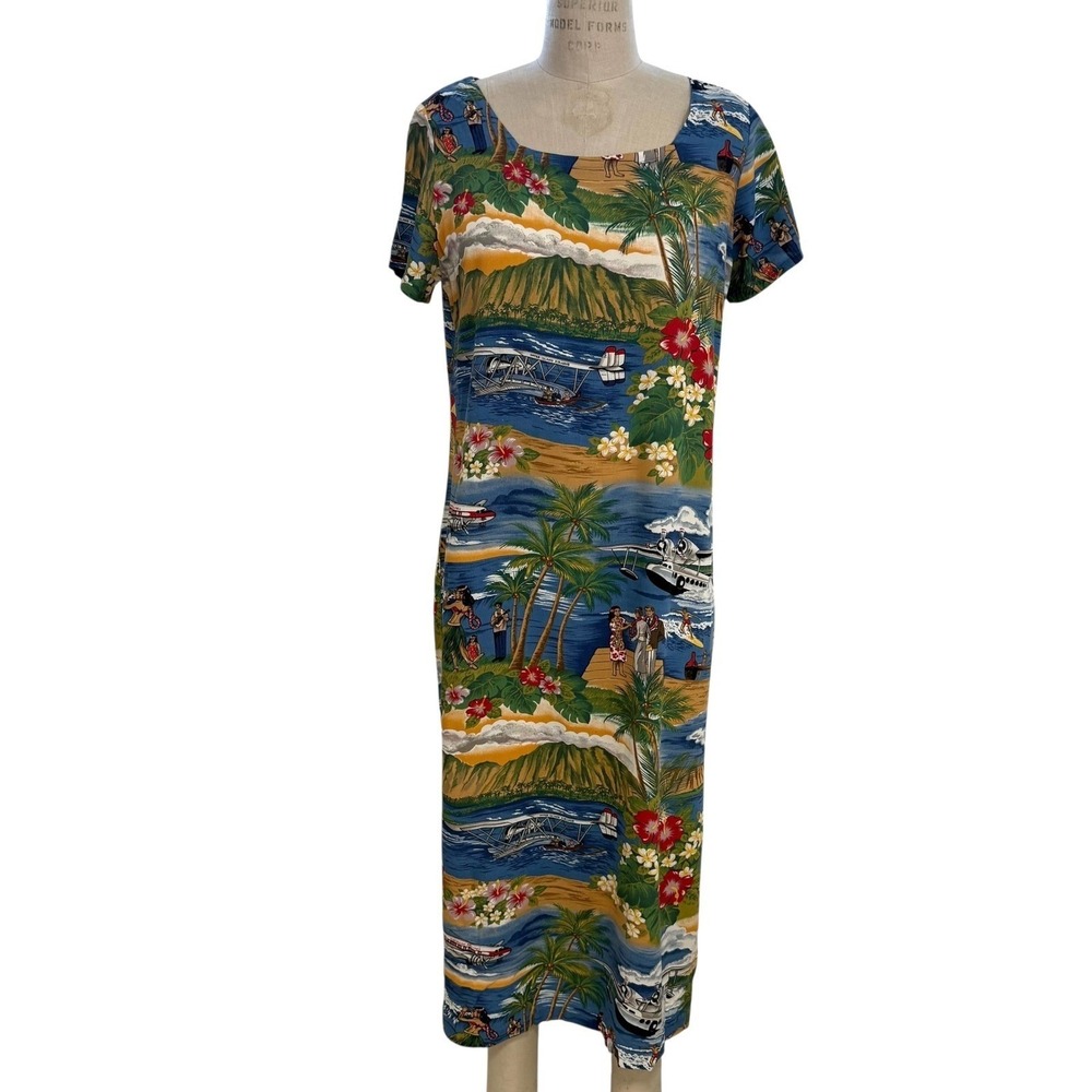 Vintage Reyn Spooner Midi Dress Womens S Short Sleeves Hawaiian Scenic Print